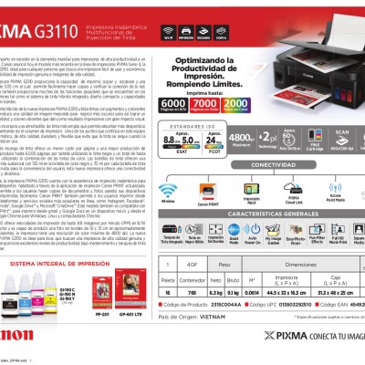 Impresora Multifunción Canon Pixma G3110 WiFi Sistema Continuo