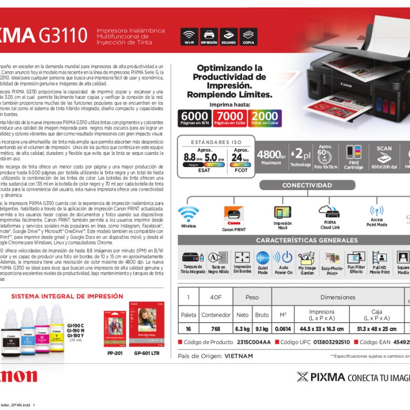 Impresora Multifunción Canon Pixma G3110 WiFi Sistema Continuo